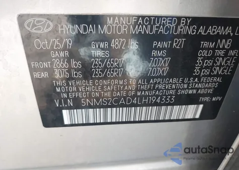 2020 Hyundai Santa Fe Se z USA, uszkodzony, nr VIN 5NMS2CAD4LH194333